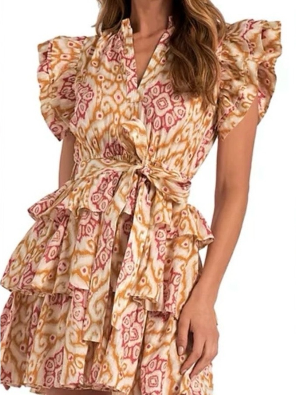 Womens Elan Cream, Pink & Gold Printed Ruffle Mini Dress Cotton